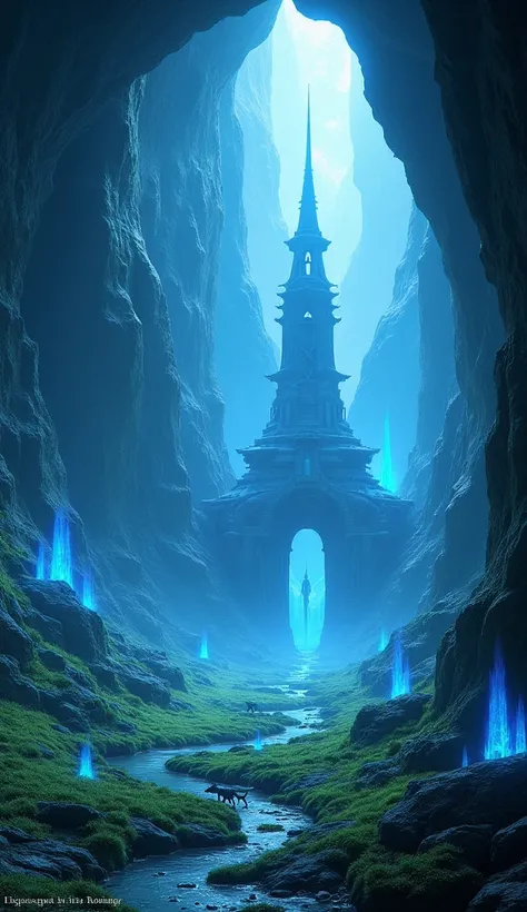 real photo. A dark cave,  illuminated by blue crystals around , there are lawns and dragons . At the bottom of the cave is a temple attached to the cave wall.