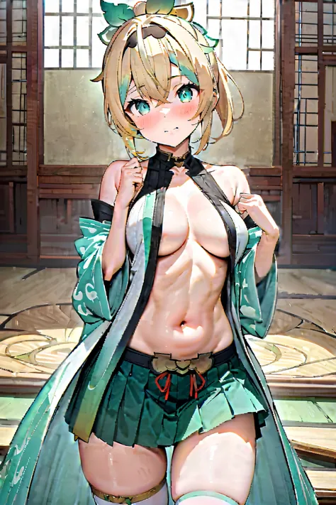 NSFW,masterpiece, best quality, high definition , very detailed,Kazama Iroha( hololive ), hair ornament、 headband、 ponytail 、 hair ornament、 headband、Bleaching、Haori、Belly button、Black gloves、 pleated skirt、Green skirt、White knee socks、 cleavage,Luxurious ...