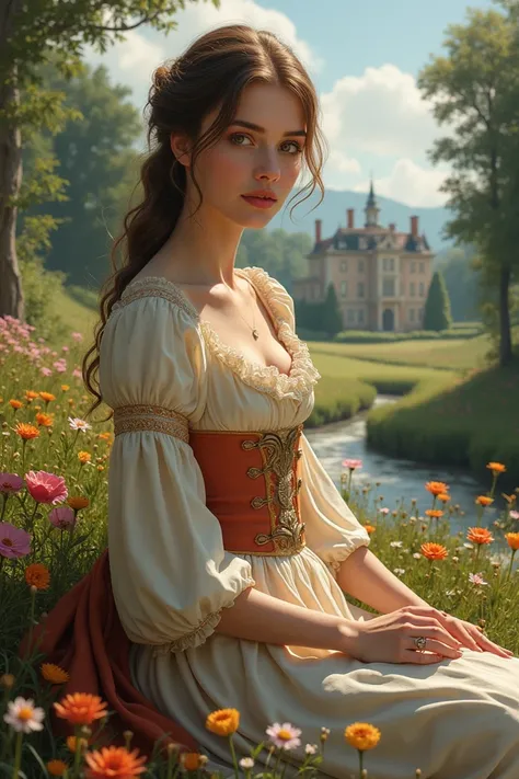 Woman of the 18th century In a beautiful field with beautiful flowers, forest and rivers of water and a nice big house