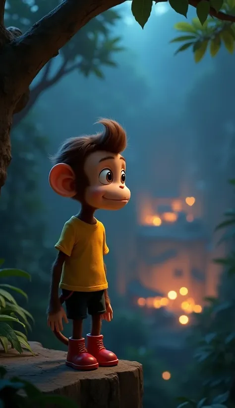     3D animation a cute baby monkey cub,  medium size brown funcky hair a black shorts and yellow t-shirt. Red boot.   night image,     The monkey Montu looking curiously at a human village from the edge of the forest, with fascination in its wide eyes.
