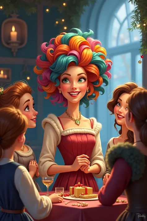 A lady gives a colorful wig to some ren for Christmas.  animated style  