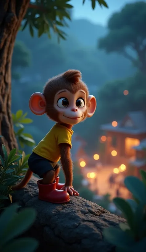     3D animation a cute baby monkey cub,  medium size brown funcky hair a black shorts and yellow t-shirt. Red boot.   night image,     The monkey Montu looking curiously at a human village from the edge of the forest, with fascination in its wide eyes.
