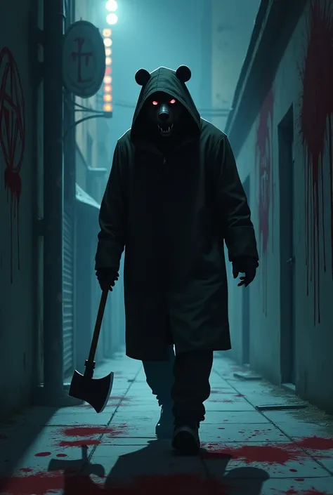 Man, masked as a bear killer, firemans axe, walking after finishing killing people, s on the right and left, night, in an alley, dim lights, blood splattered dimly,Anime, realistic, cool Psychopath 