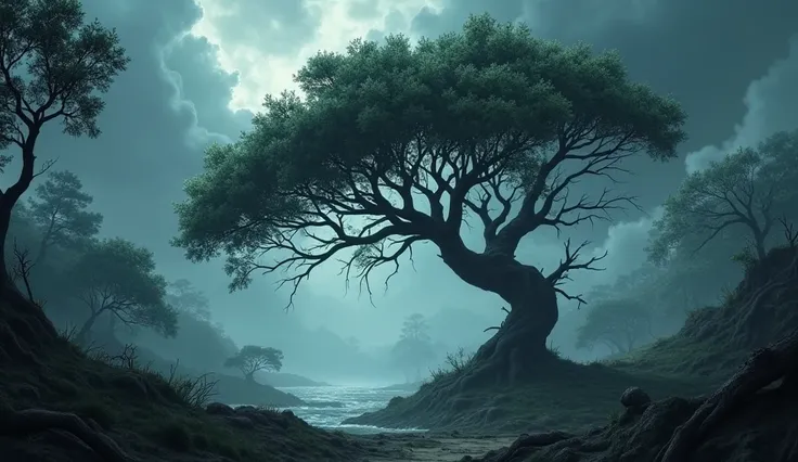  Storms up in the forest .  The wind blows the branches of the trees violently. Acacia ,  is shaken by the wind ,  the sky is gray and stormy , Draw in animation style but realistic.