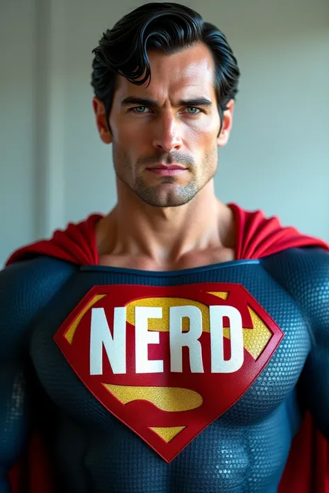 Close up on Superman but with a logo "nerd" sur le torse