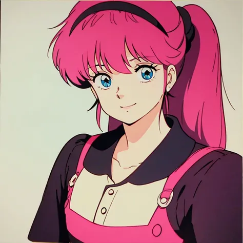  High Quality ,   Masterpiece ,　 pink hair ,  1 girl , smile, smile, 80&#39;s anime vibe, style of Macro,   Im studying 80s anime style,   80s anime art style  , Macro, 1980s anime style
