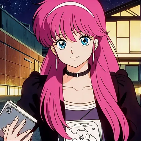  High Quality ,   Masterpiece ,　 pink hair ,  1 girl , smile, smile, 80&#39;s anime vibe, style of Macro,   Im studying 80s anime style,   80s anime art style  , Macro, 1980s anime style
