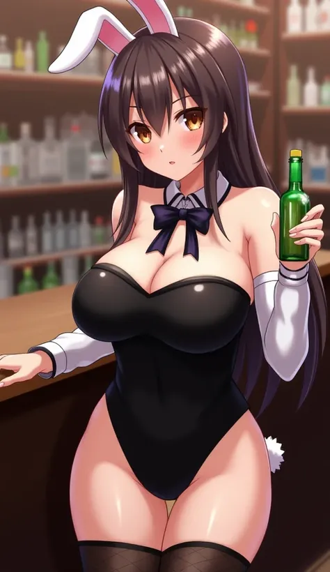 huge boobs, ^^^, rabbit ears, animal ears, wrist cuffs, playboy bunny, leotard, fake animal ears, 1girl, bar, detached collar, shiny clothes, bow, black leotard, thighhighs, shiny, strapless leotard, solo, bowtie, shiny skin, breasts, looking at viewer, st...