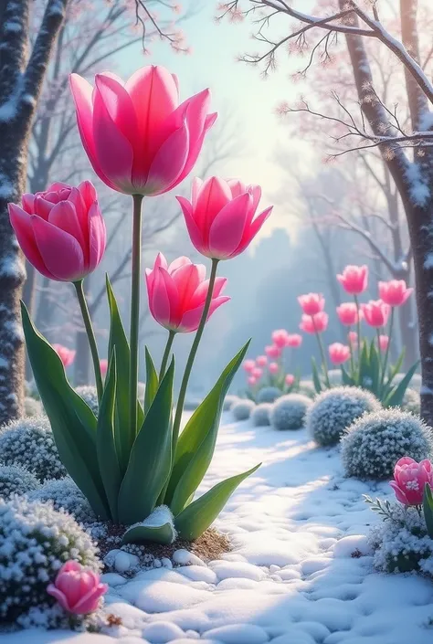  Big Pink Tulips,In the garden,Snow Covered 