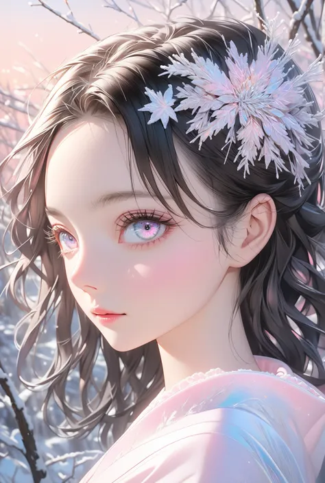 Masterpiece, high quality, high resolution, 16K, ultra detailed background, ultra realistic, digital painting, pastel colors, delicate hair, pink gradient color on black hair, beautiful shining eyes, beautiful face, long eyelashes, clean skin, thin legs, w...