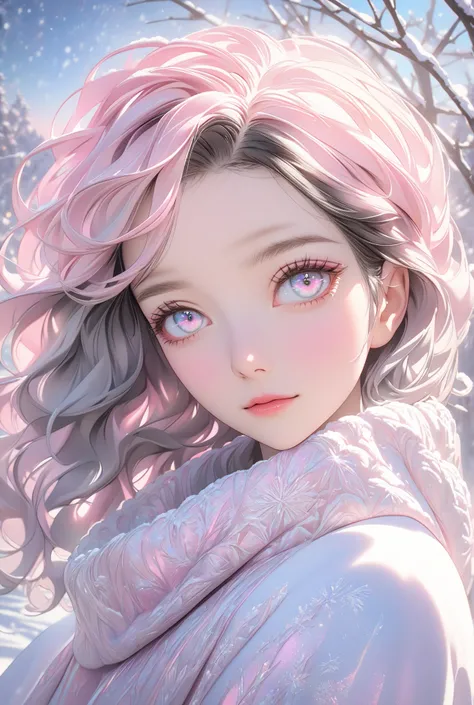 Masterpiece, high quality, high resolution, 16K, ultra detailed background, ultra realistic, digital painting, pastel colors, delicate hair, pink gradient color on black hair, beautiful shining eyes, beautiful face, long eyelashes, clean skin, thin legs, w...