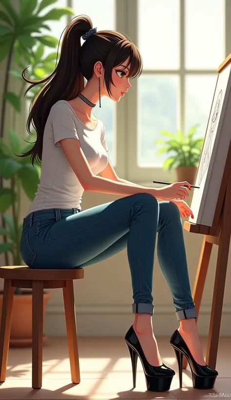 ((Shiori Suwano)), , Beihe, (( Octane Value Rendering )),  original photo, CG,  Side Facing Camera ,  extremely sexy , (( Sexy Loose Sling Ankle Pleated Jeans ,  Tight White T-Shirt , Black Ultra Slim Pantyhose )), (( Super high heel wedge and patent leath...