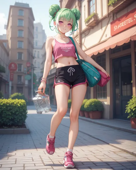 A young, anime-style girl with vibrant, slightly messy, medium-length green hair styled in two loose, high buns on either side of her head. She has large, expressive eyes with a light green iris and small white highlights, a small nose, and a slight blush ...