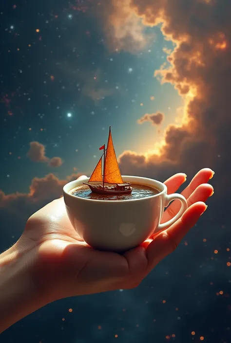 Boat in coffee cup in palm of hand with galaxy landscape