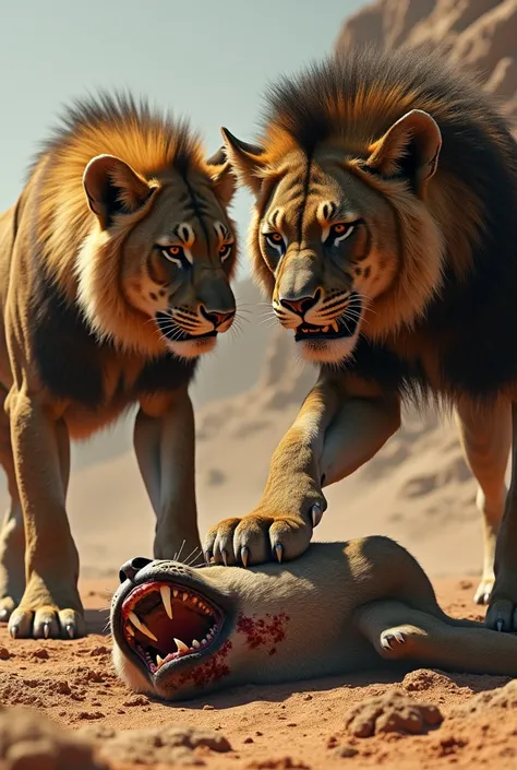 A dead bingal  hyena is lying on the ground and a prehistoric lion and tiger is stan ding with one foot on top of the hyena .hyena face was injured. 