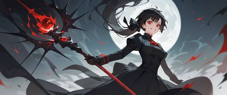 girl, black hair, thin hair, slightly white, in red eyes , pretty short hair , long ponytail , Evil, Black Dress with Long Sleeves Closure, Chestnut-sized, Black long-sleeved shirt , put on black gloves, with a slight smile, Staff ,Cast Black Spell,scary