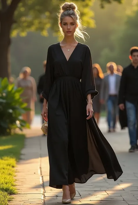 Create an image white woman , beige heel 2cm curly bun hairstyle ,  make very natural long loose black dress going to her sons graduation in the late afternoon. 
