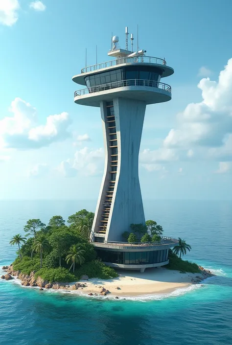 An image of a rust-free maritime traffic control tower with radar, and antenna on an island by the sea 