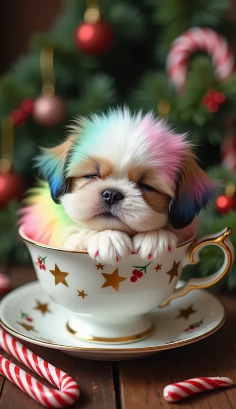 A realistic image of a fluffy Shih Tzu puppy with pastel rainbow-colored fur in pink, blue, green, and white. The puppy is curled up inside a dainty teacup painted with gold stars and red berries, peacefully sleeping with its paws tucked under its body. Th...