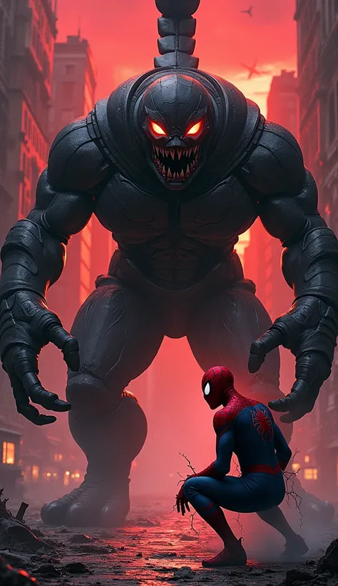 "A dramatic and intense scene featuring Spider-Man and a scorpion standing face-to-face in a fierce standoff. Spider-Man is in his iconic red and blue suit, his eyes glowing with determination and anger, crouched in a ready stance, with webbing crackling a...