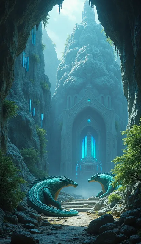 real photo.  a dark cave with blue crystals all around, Theres grass and big dragons . At the bottom of the cave is a temple attached to the cave wall. 