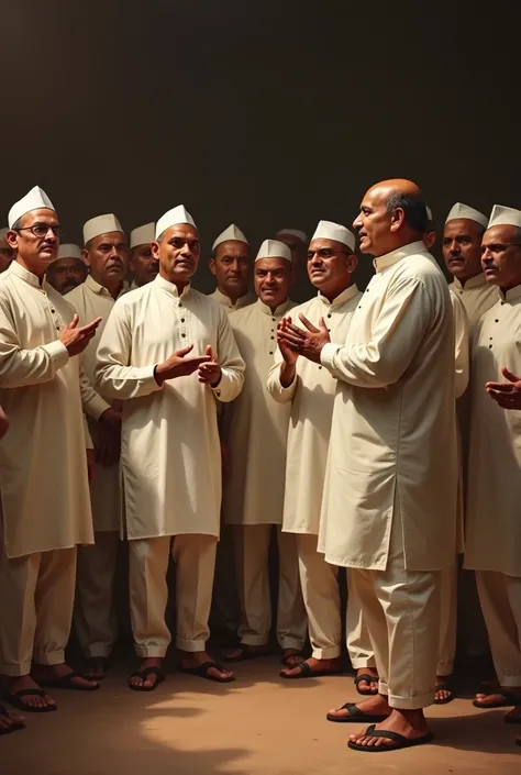 A semi-realistic smooth digital wide-angle distant painting of a group of indian Congress members, politicians, and freedom fighters facing in side direction, dressed in khadi kurtas, churidars, and Nehru caps stand in a cluster or group, their postures an...