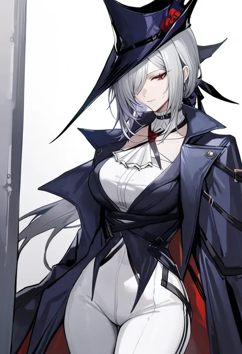 masterpiece,  best quality,  1 girl , Gladiia  (default)( Arknights ),  Arknights ,  cowboy shot , Gray Hair, hair over one eye, Red Eyes, Black Hat,  black shirt ,  navy blue jacket,  white pants