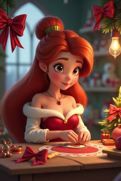 Disney princess with long reddish hair tied in a bun with brown eyes and a profiled nose with Christmas clothes sitting on a chair and a Christmas table in a workshop making lots of bows with a measuring tape and lots of ribbons