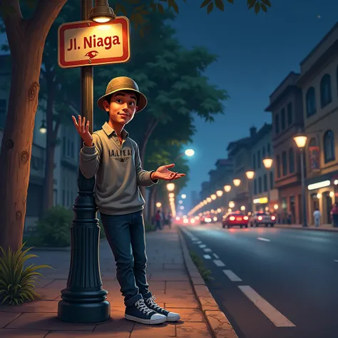 "A young Indonesian man, wearing a billabong hat, gray sweater, Converse shoes, leans against a lamp post that says JL.NIAGA. He stands on the sidewalk of Jalan Niaga at night, with his hand pointing towards the camera. The atmosphere of the city looks liv...