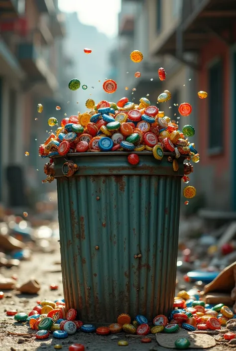 Garbage can with bottle caps