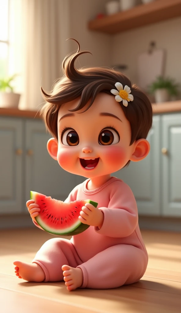 3d pixar style, a female baby, adorable, chubby, captivating brown eyes, brown hair, a clip in her hair, in a long light pink jumpsuit, sitting on the floor, happy, holding a slice of watermelon, against the background of her kitchen home