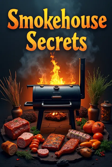 (((Masterpiece))), Showcase a smoky, rustic design with a smoker or firepit surrounded by smoked meats, fish, and vegetables. Use dark tones of charcoal, black, and orange to evoke heat and depth. Place the title Smokehouse Secrets in a bold serif font.