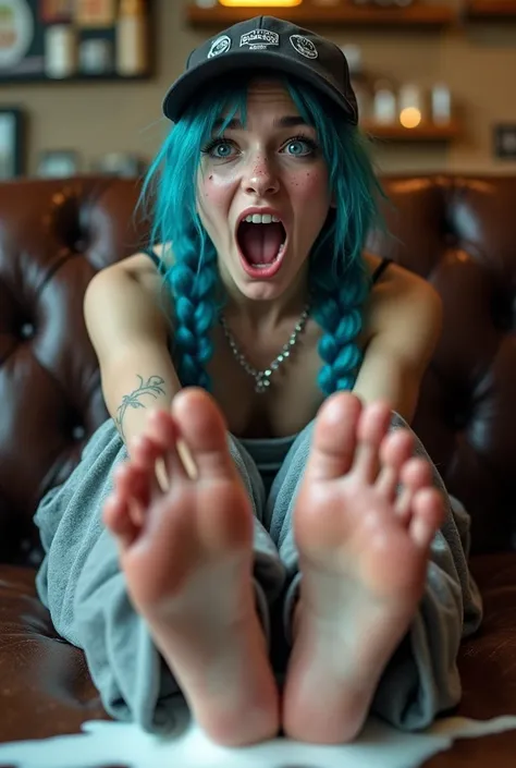 18 year old punk teen girl screaming, pale, high eyebrows, long blue wavy hair, freckles, sweatpants, leather couch, shiny wet bare soles close to camera focus on feet, milk splash on soles, pigtail braids, leather couch, high quality photograph, wearing v...