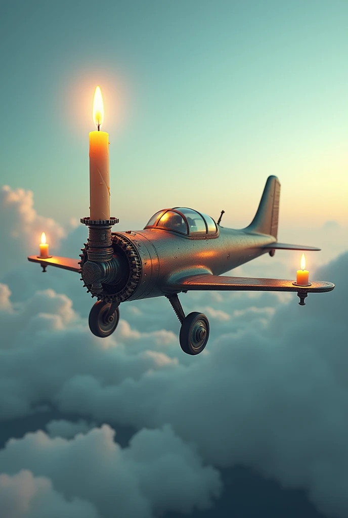 Airplane with engine running on candle through the skies