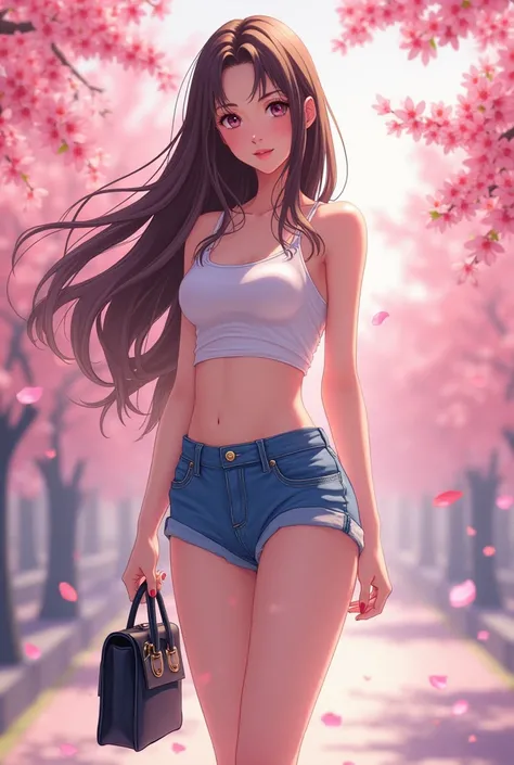 Cherry Blossom Beauty Brown Long Haired Sleeveless Short Blue Hot Pants Handbag Anime 