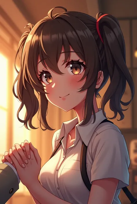  girl, bangs,  anatomically correct,  twin tails, Grown-up、Brown Hair、 sexy、Disheveled Hair、anime、Hand-holding date、Looking up、 smiles, 