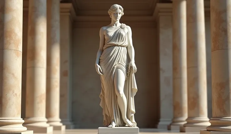 An elegant marble statue of a classical Greco-Roman woman, standing gracefully with a serene expression. She is wearing a flowing toga-style gown, detailed with soft folds that accentuate her form. The background features tall, ornate marble columns and a ...