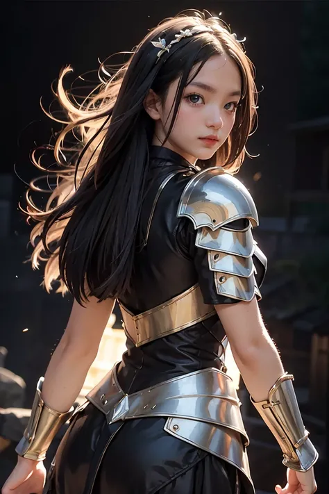 1girl, depth of field, official art, unity 8k wallpaper, ultra detailed, illustration, beautiful and aesthetic, masterpiece, best quality, knight, (big breasts), (milf, mature female), (black armor, armor, breastplate), beautiful face, (long hair, black ha...