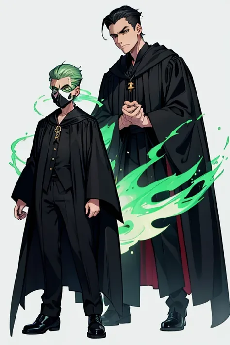 male, white slicked back hair, green eyes, black skin, (((1boy))), (((black judge robes))), (skull mask), (black pants), (black shoes), (gold pendant), long legs, green flames, skeletal hands