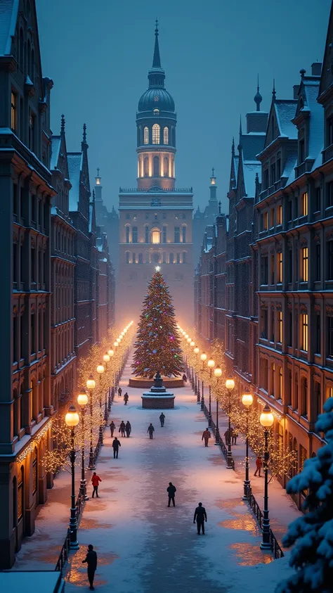 Masterpiece, best quality, extreme meticulousness, 8K resolution, a stunning cityscape on Christmas night. The architecture is a blend of classic and modern styles, with snow lightly dusting the rooftops and intricate details of the buildings. Thousands of...