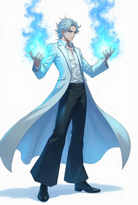 Elf man anime version with a dress, wide black pants, a white shirt and a white tennis suit, peeled white sky blue eyes. 
With fists of blue fire 