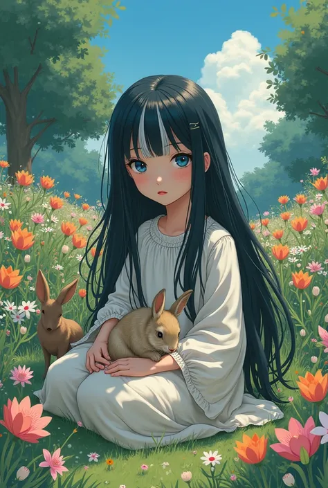 A girl and a boy: Long black hair with a white streak, blue eyes like the sky and the sea and sad, white skin like snow, red lips like blood. Anime. In a big and beautiful garden with flowers. We cant see the boys face. In his lap is a rabbit and next to h...