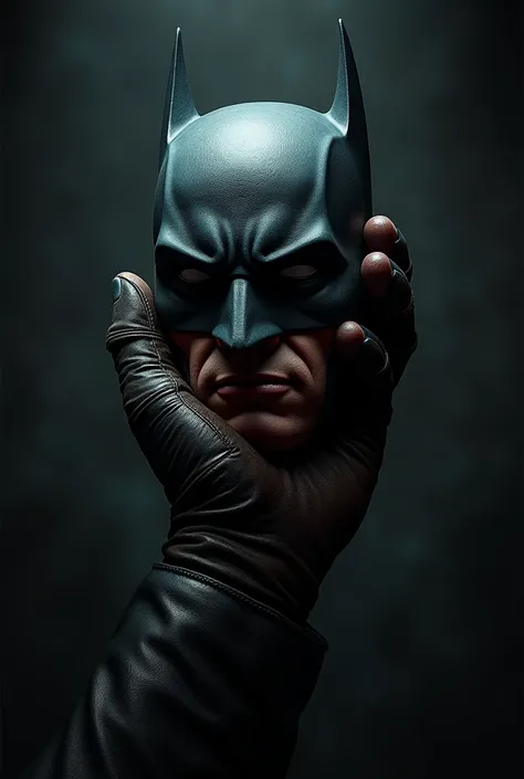 Glove hand holding Batmans severed head 