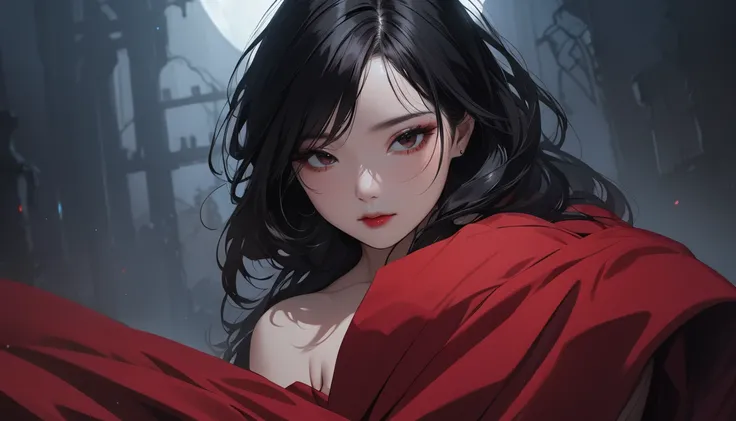 (masterpiece:1.5),(Beat quality),(high res),1girl solo,beautiful face, long black hair,red kimono woman,Graveyard at night