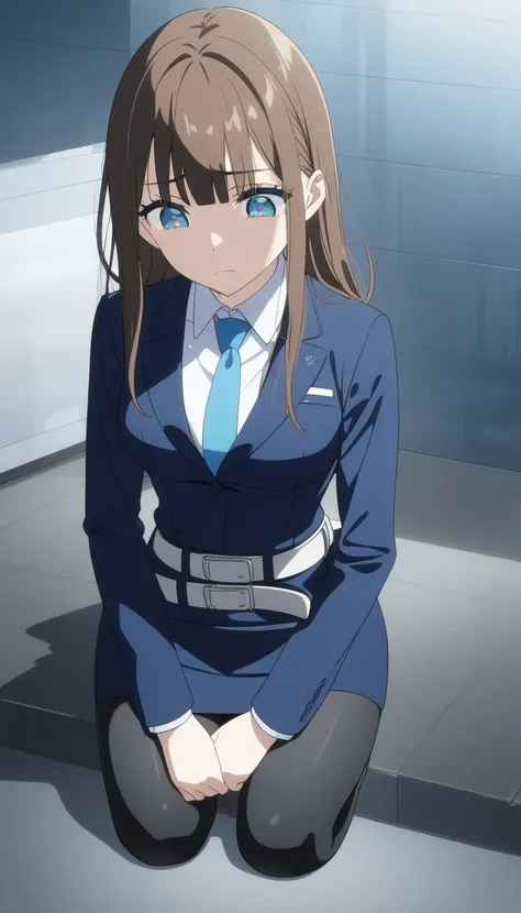  black tights、Brown Hair、Middle hair、bangs、 sad face、 Teal Eyelids、 Full Body Style 、Normal milk、 narrow waist 、Bare legs、 in a suit、 navy blue jacket , collared shirt 、 white shirt、 blue tie,belt,navy blue mini pencil skirt, black tights、White pumps、Anime...