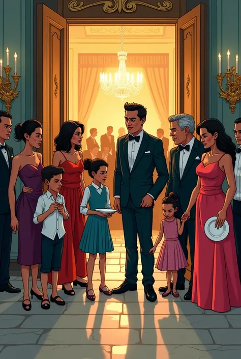 cartoon to illustrate a story about a young Colombian family of 10 elegantly dressed people crying with their plates empty because they wouldnt let them enter the party