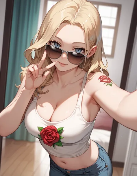 wide view, detailed finger, anime style, selfie angle, hard light, blonde hair, wavy hairstyle, 1 woman, tank top, jeans, rose tattoo on shoulder, sunglasses, forehead, side, cleavage, navel, hand sign