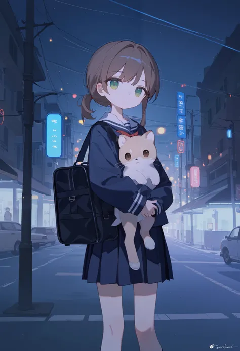  1 girl,  brown slanted ponytail surrounds me ，（   brown hair   ），  green eyes  ， night，Street Lights，Carrying a big school bag ， blue and white school uniform sporty style ，Long sleeve， expressionless ， neon lights  , Half Body, Fraction_9,Fraction_8_up,F...