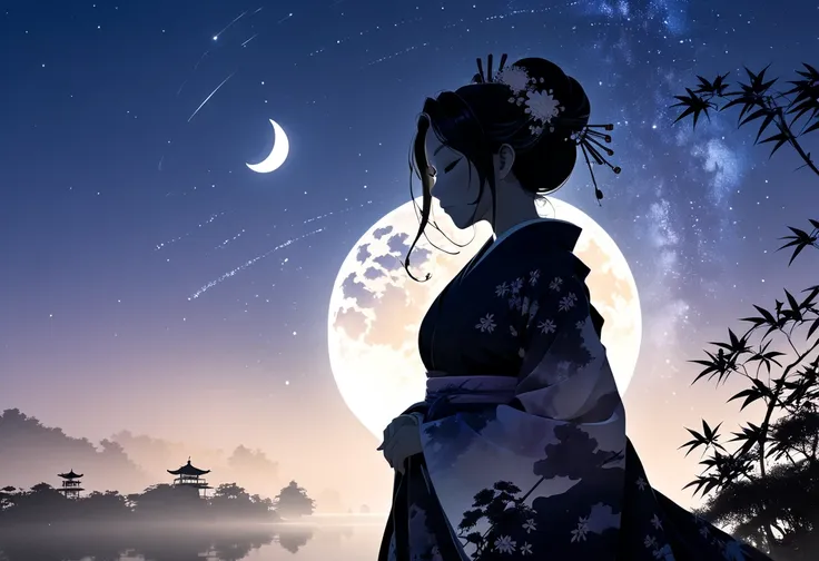 (((silhouette art))), Orihimes sadness at being separated by the Milky Way is conveyed, as she stretches out her right arm and regrets parting, close-up, profile, Close-up, arms outstretched as they bid farewell,The clothing is a kimono,Double exposure, ba...