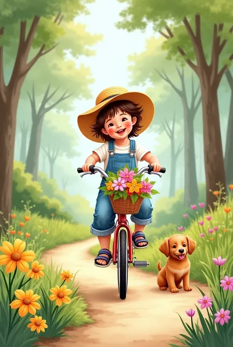 Painting of a cute  in overalls and a big hat riding a bicycle with a basket of flowers and a dog, svg, watercolor illustration